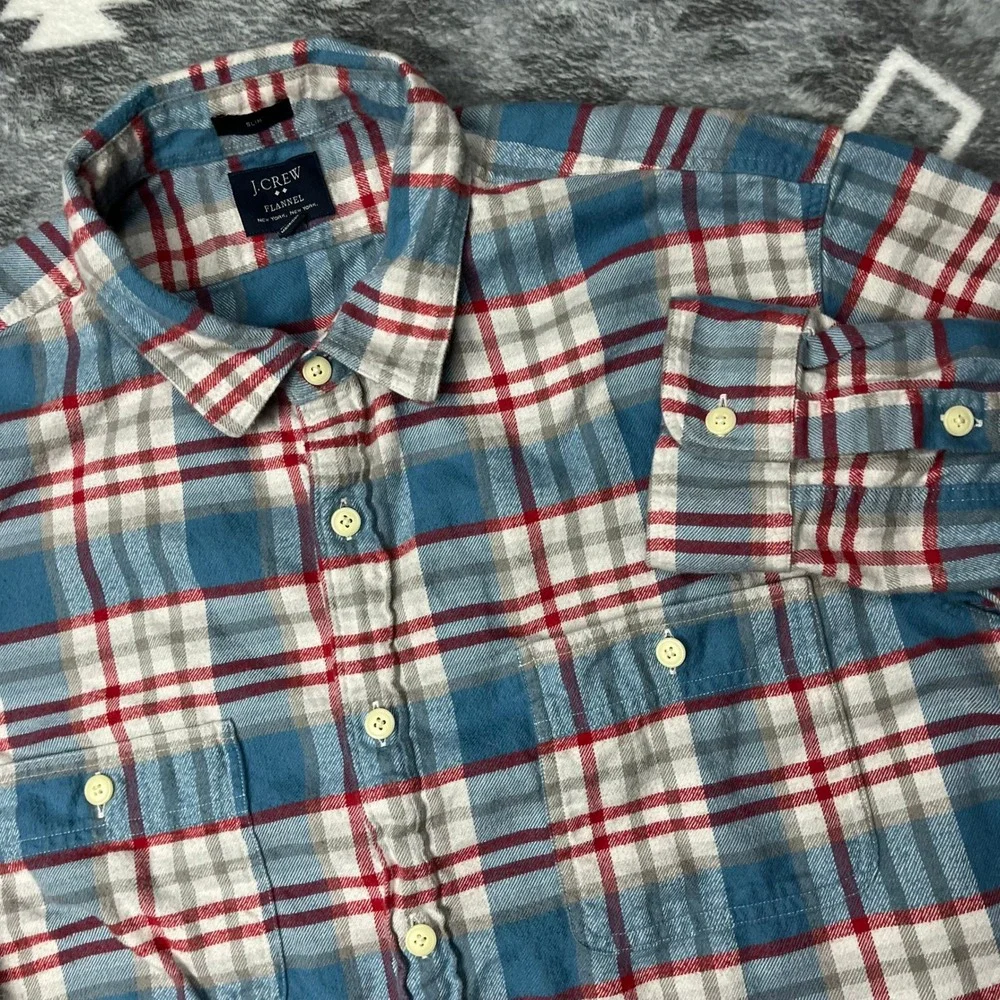 J Crew Flannel Slim Fit Plaid Shirt Blue Red XL Mens Long Sleeve 92937 FA15